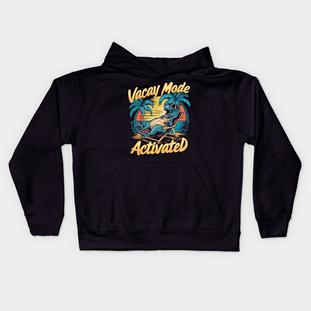 A vivid and amusing design featuring a laid-back dinosaur in sunglasses, lounging effortlessly on a beach chair. (3) Kids Hoodie by YolandaRoberts
